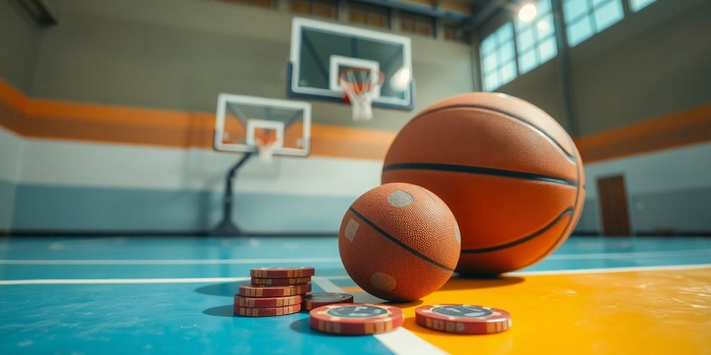 Basketball court, hoop, and ball. Betting chips.