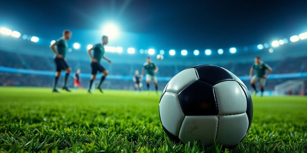 Soccer ball, stadium lights, blurred players.
