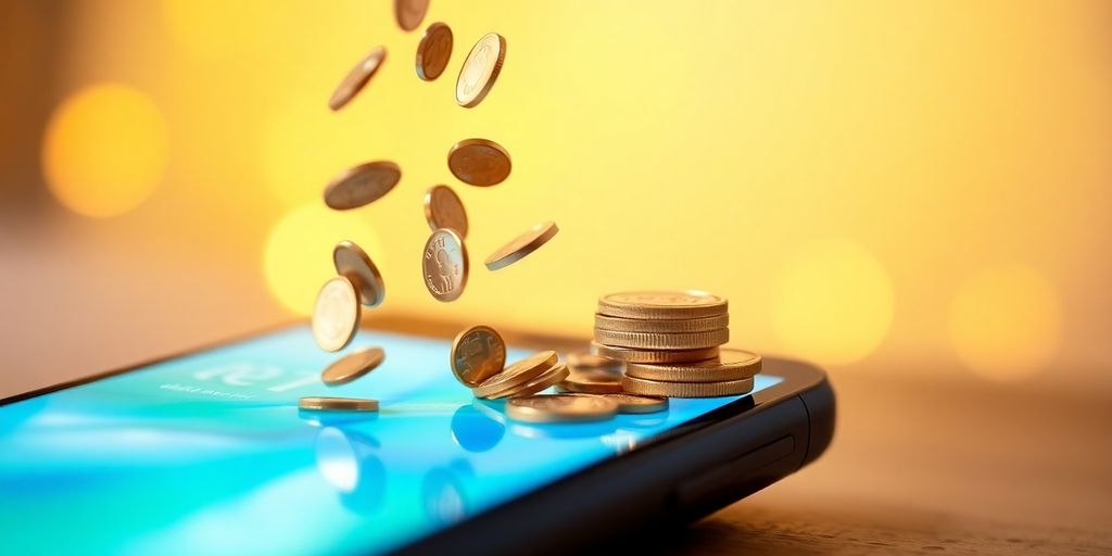Coins falling onto a smartphone screen.