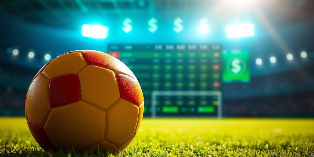 Green field, football, betting interface, dollar signs.