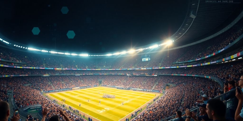 Sports stadium with digital betting overlay.