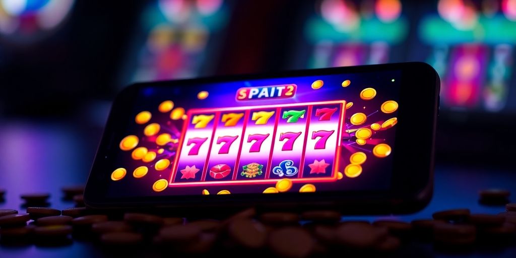 Mobile casino screen with vibrant slot machine and coins.