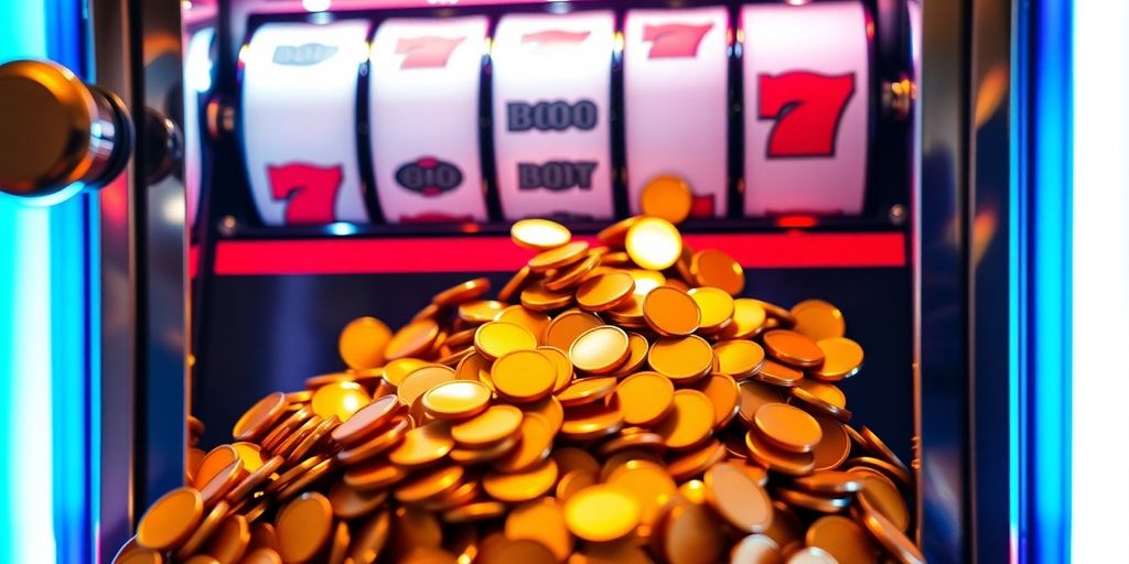 Golden coins spill from a slot machine jackpot.