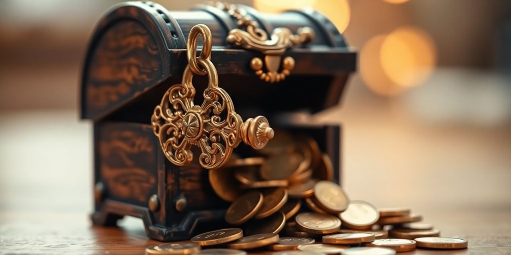 Golden key unlocking a treasure chest filled with coins.