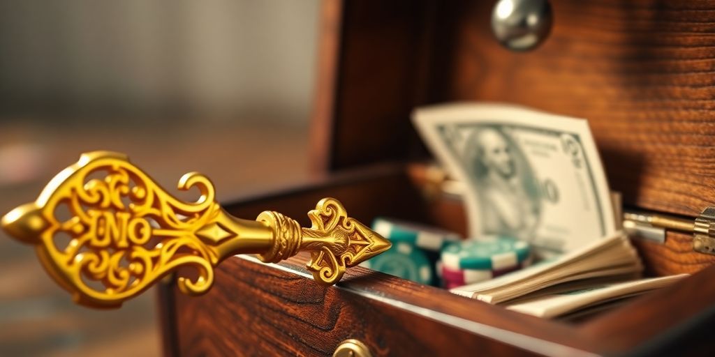 Golden key unlocking a treasure chest filled with casino chips.