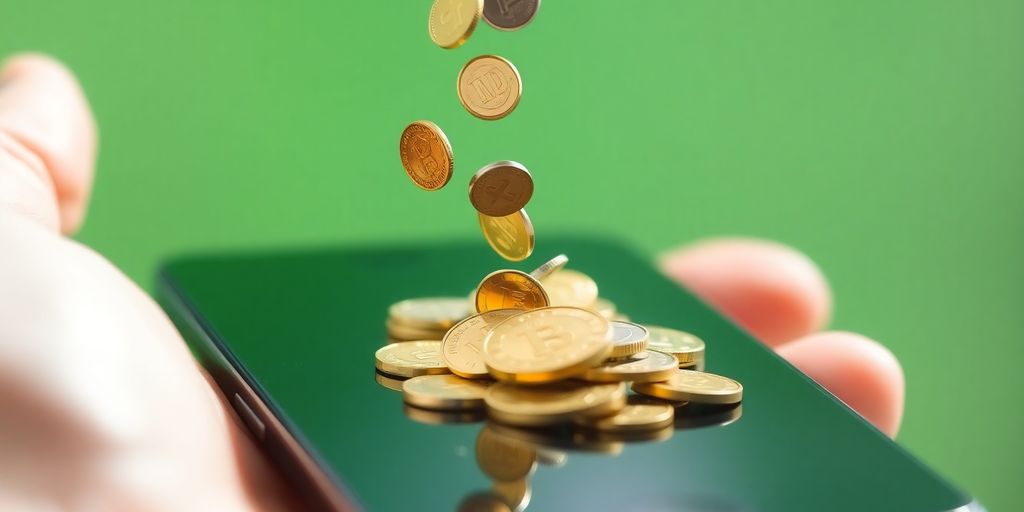 Coins falling onto a smartphone screen.