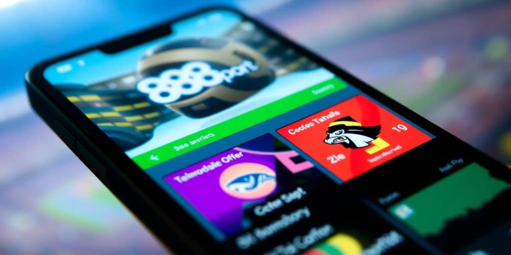 Smartphone with 888sport app on a sports background.