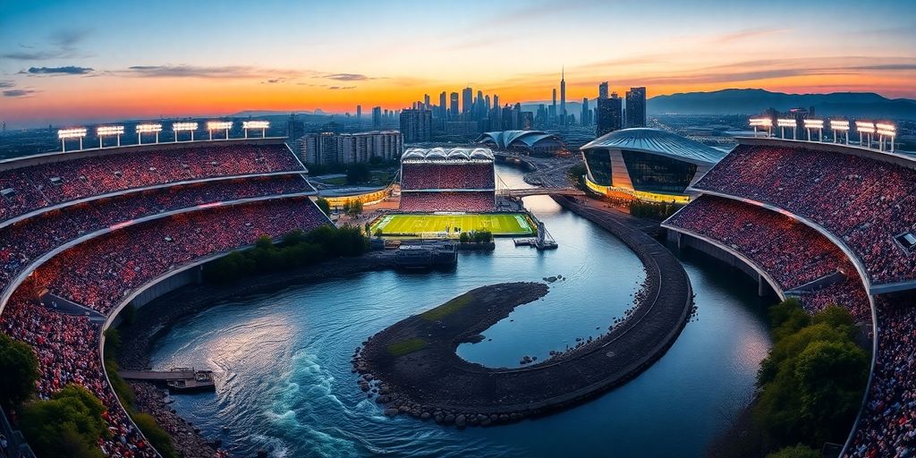 Football stadium with a river and city skyline.