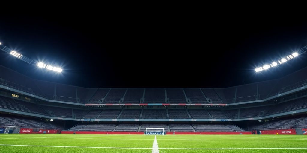 Football stadium with bright lights at night.