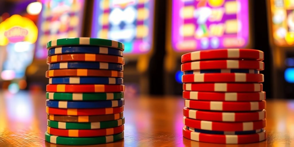 Colorful casino chips, vibrant slot machine reels