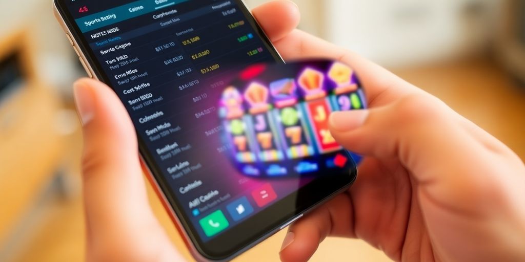 Smartphone displaying sports betting app, casino interface