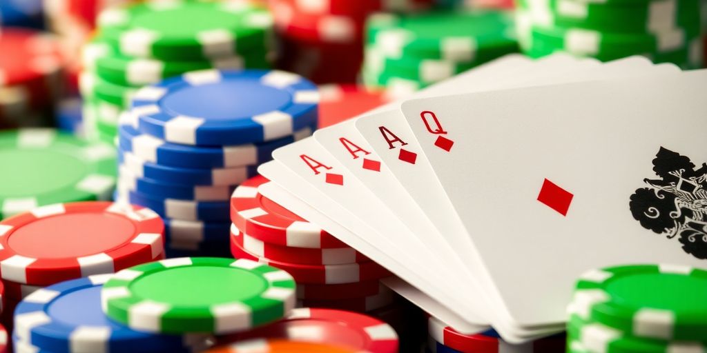 Colorful casino chips neatly stacked, poker cards spread.