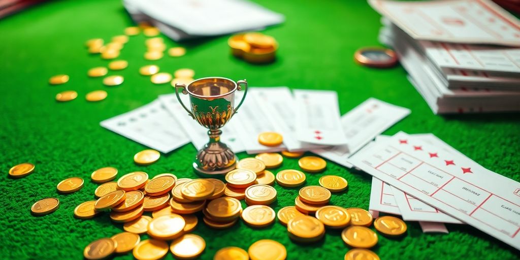 Golden coins, betting slips, and a trophy on a green surface.