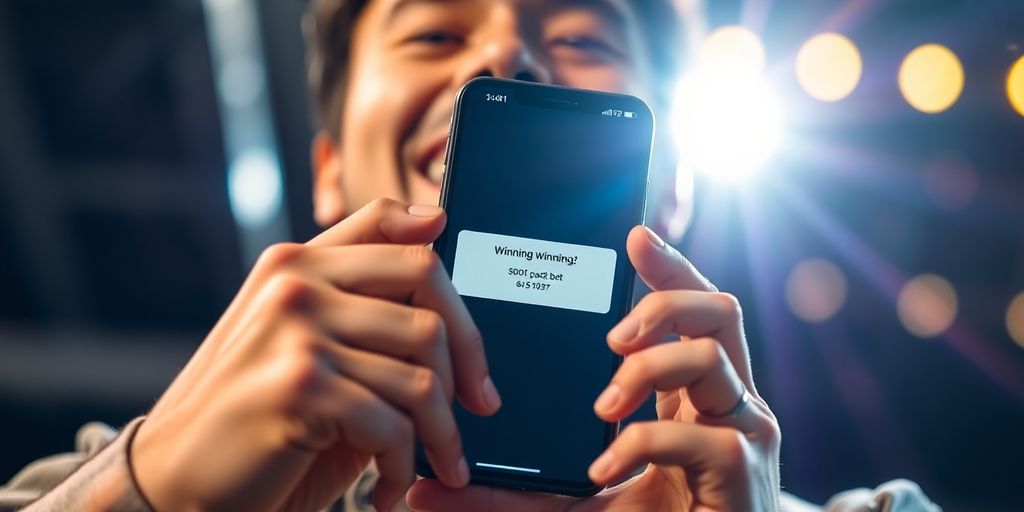 Excited person, phone, winning sports bet, vibrant background.
