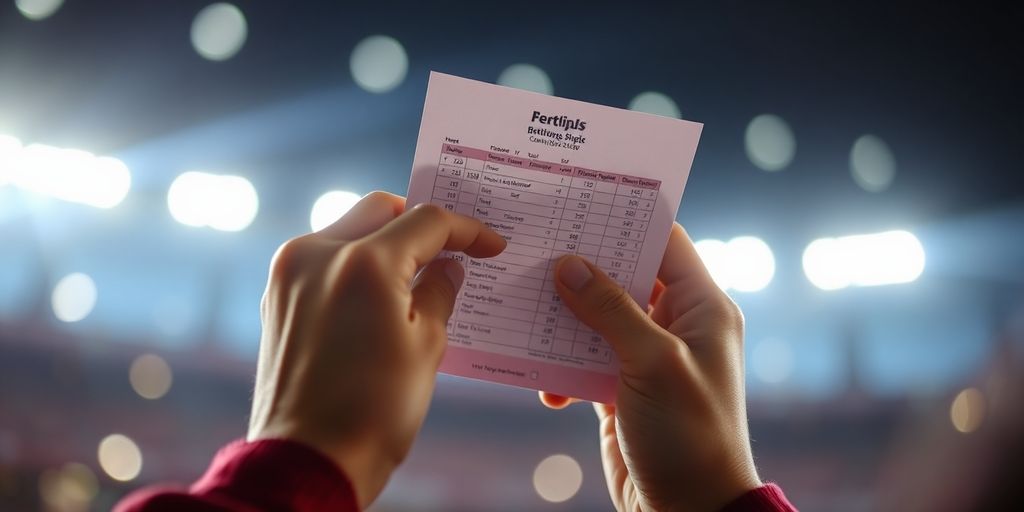 Sports fan holding betting slip, stadium lights