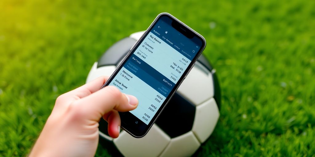 Soccer ball, smartphone, betting interface.