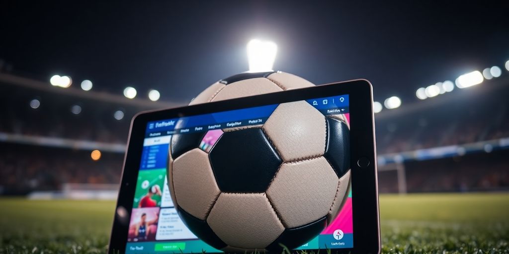 Soccer ball on tablet with stadium lights.