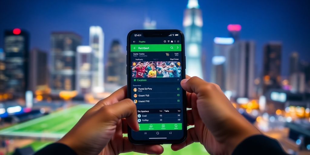 Person holding phone, betting safely, glowing cityscape.