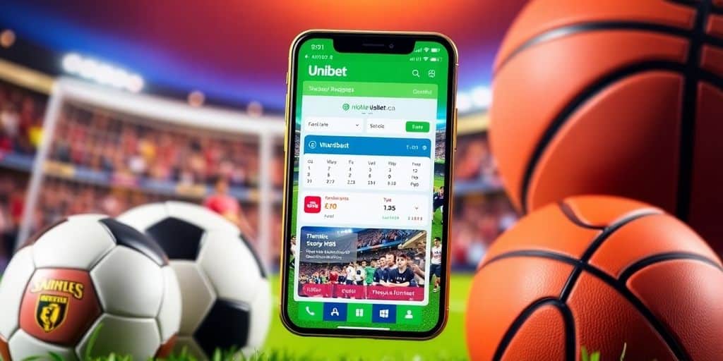 Smartphone showing Unibet app with sports items around it.