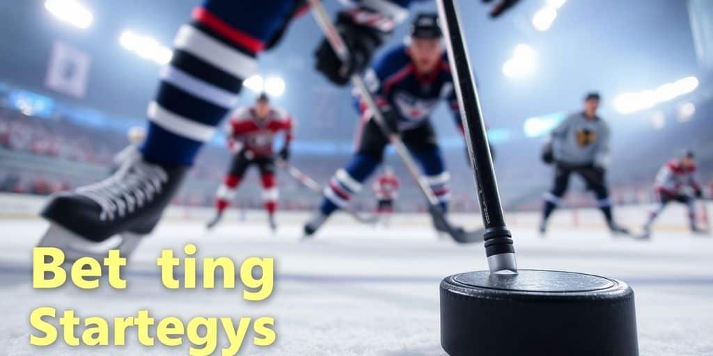 Hockey puck on ice with players in action background.