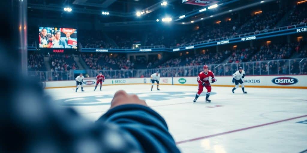 Hockey players competing on an ice rink with fans cheering.