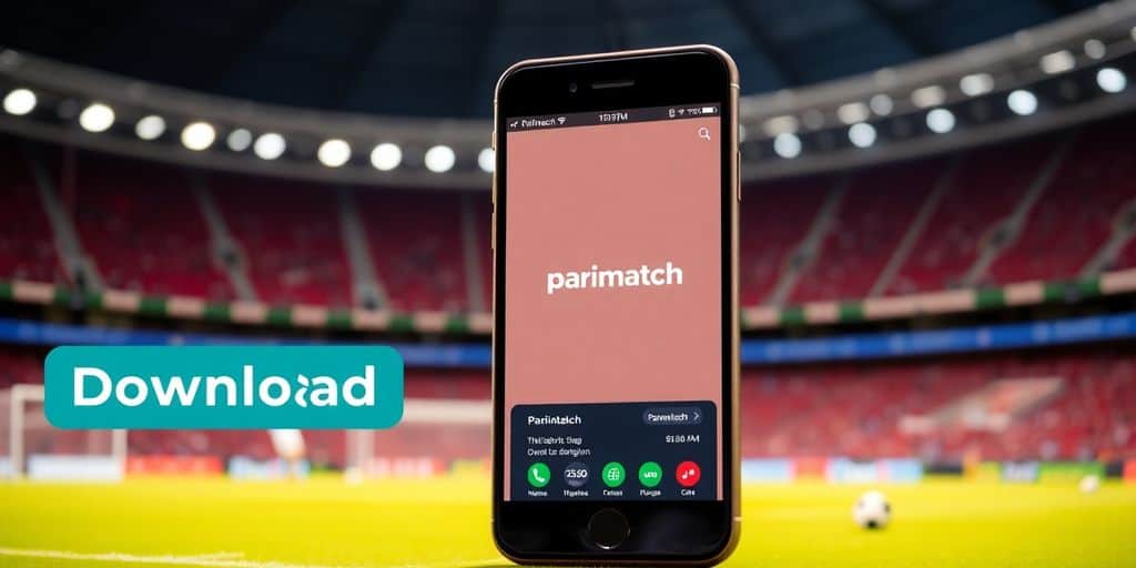 Smartphone with Parimatch app on a sports background.