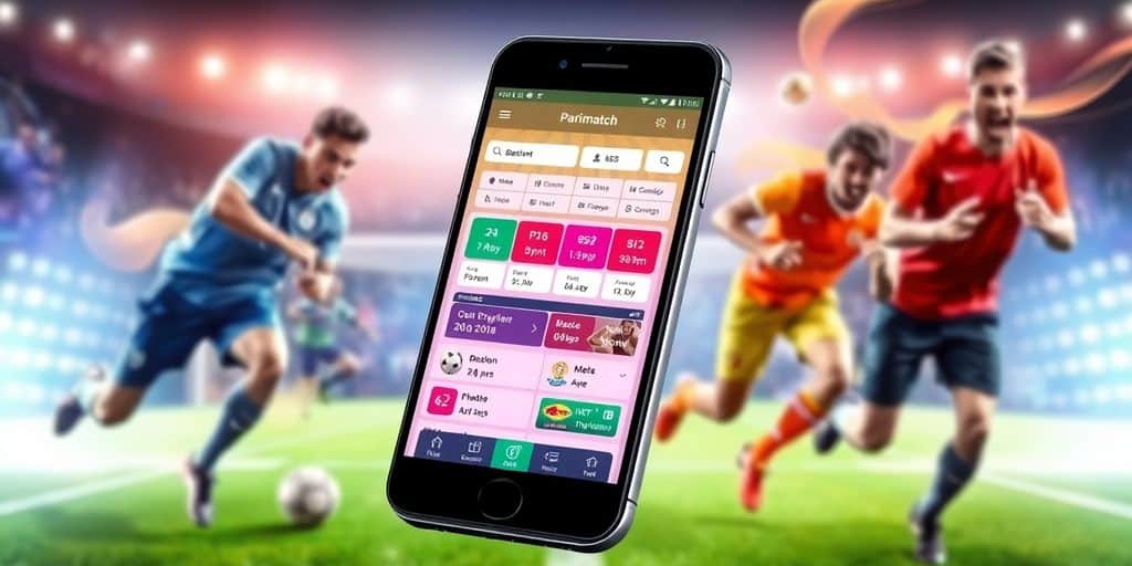 Smartphone with Parimatch app on a sports background.