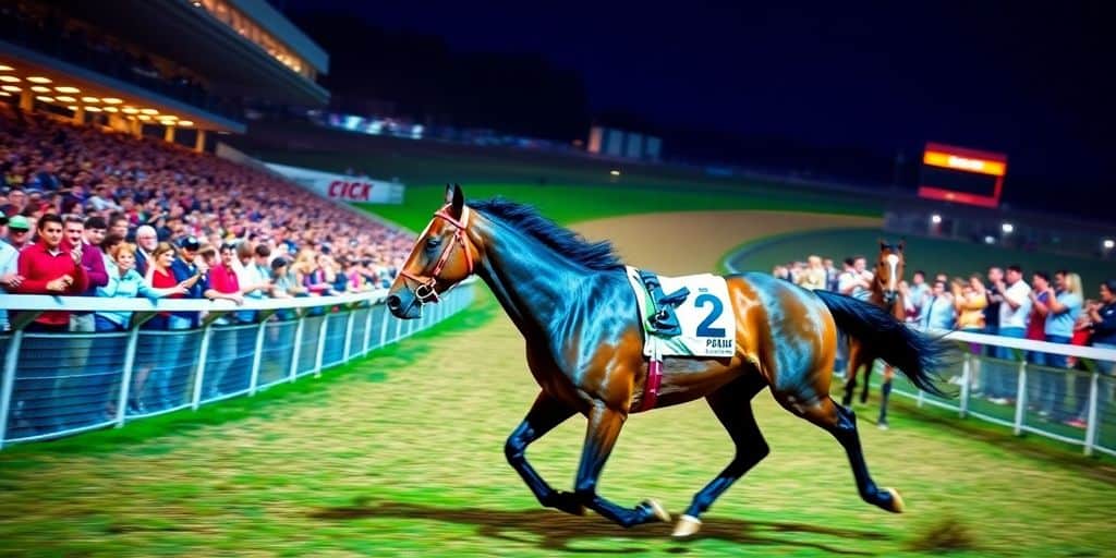 A galloping horse on a racetrack with spectators.