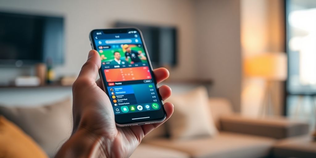 Man's hand holding a phone with a betting app.