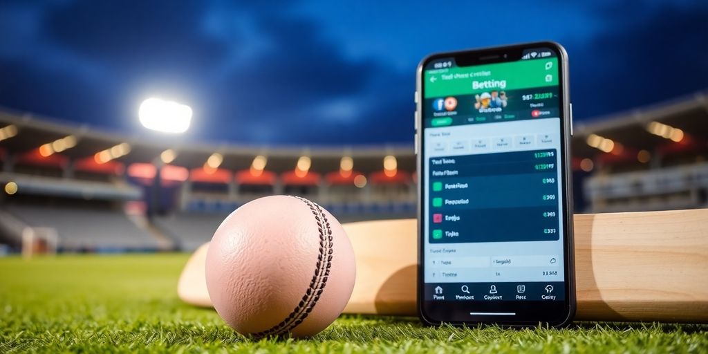 Cricket ball, bat, phone, stadium lights, green field.