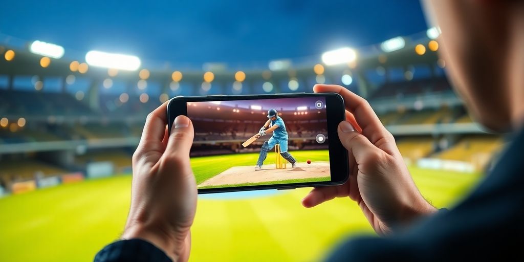 Cricket stadium action, person holding smartphone.