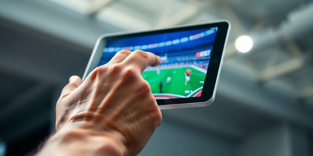 Man intently watching live sports on tablet.