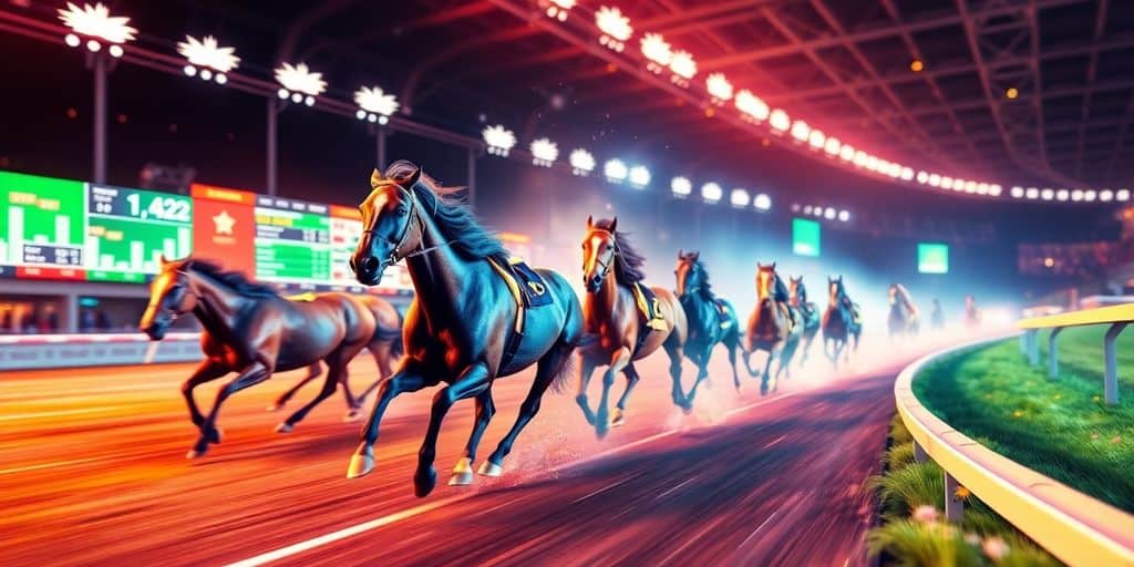 Exciting online horse racing with vibrant horses on track.