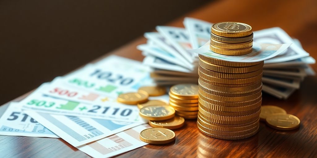 Coins and cash on a table with betting slips.