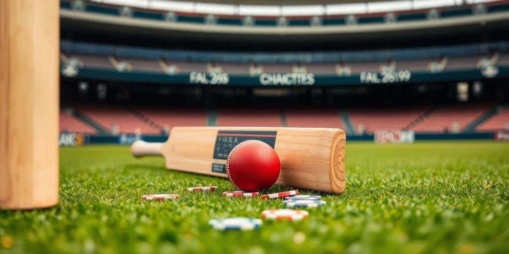 Cricket bat, ball, and betting chips on green field.