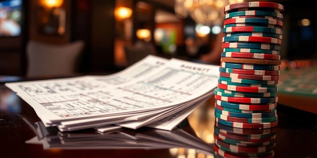 Sports betting slips fanned out next to stacked casino chips.