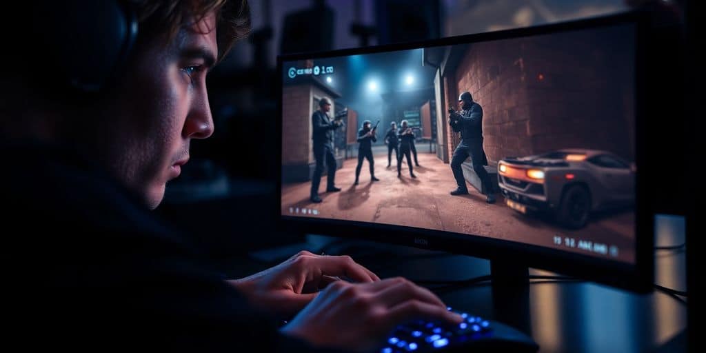 Esports athlete intensely playing a professional CS:GO video game.