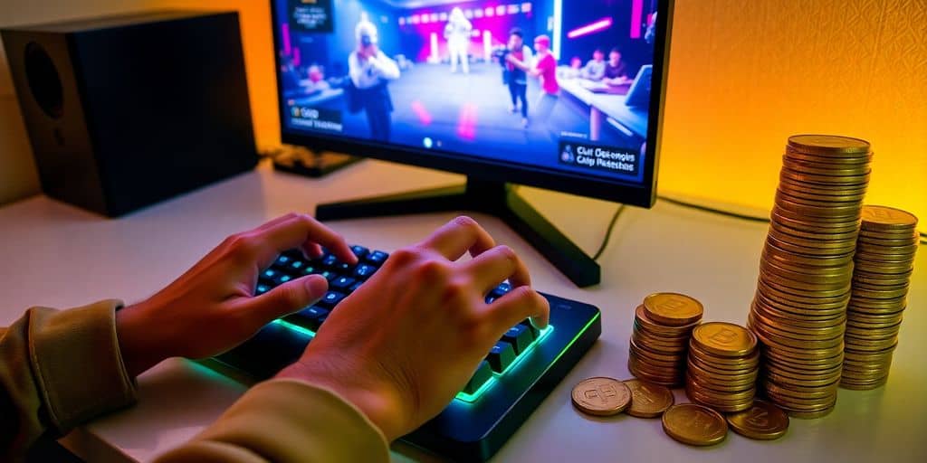 CS:GO esports match on a monitor with coins and cash.