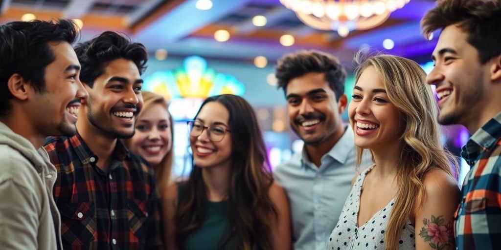Young adults celebrating, casino in background