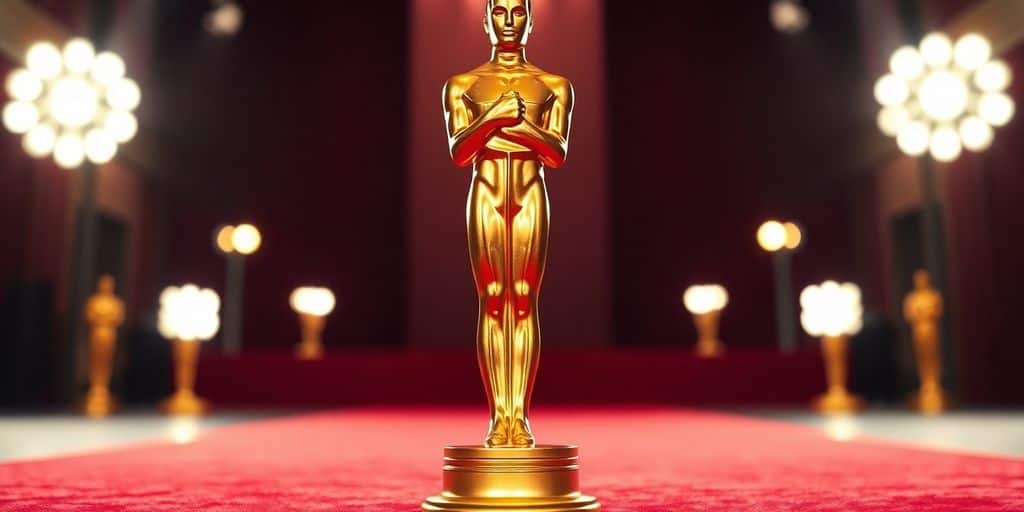 Golden Oscar statuette on red carpet, spotlight