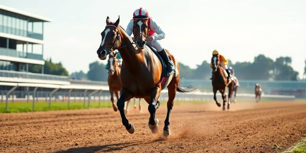Horse and jockey racing towards the finish line.