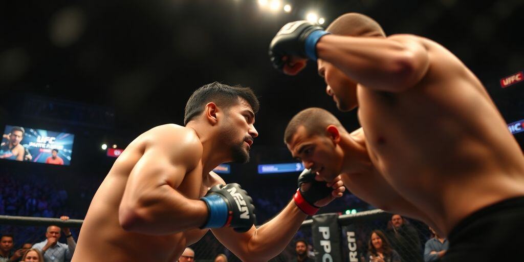 UFC fighters battling in the octagon during a match.