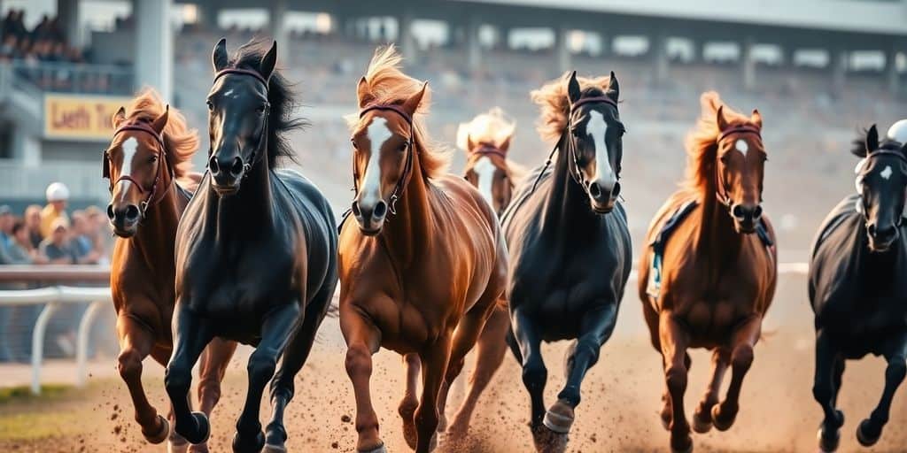 Thoroughbred racehorses thundering down the track.