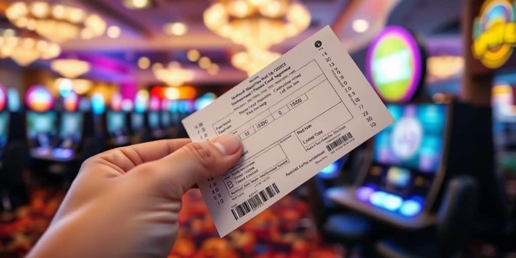 A hand holding a betting ticket with blurred casino background.