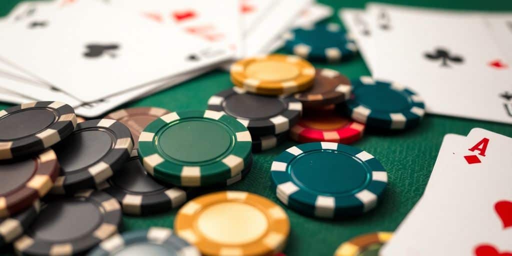 Green chips stacked near playing cards and dice.