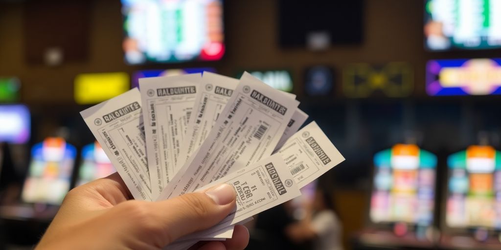 Person reviewing betting slips with concerned expression.