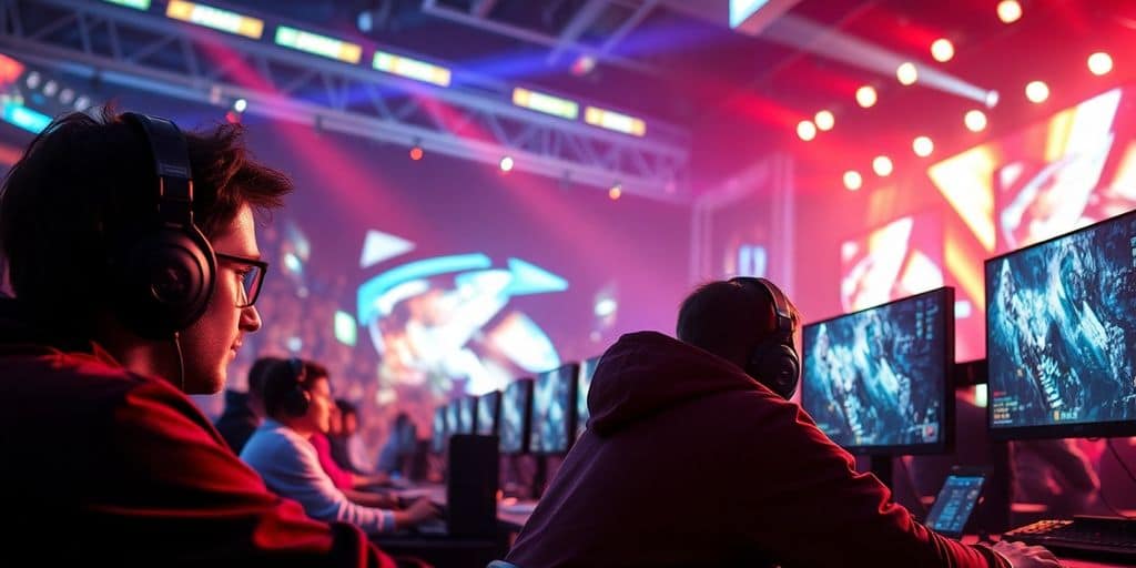 Intense esports competition with vibrant lights and focused players.
