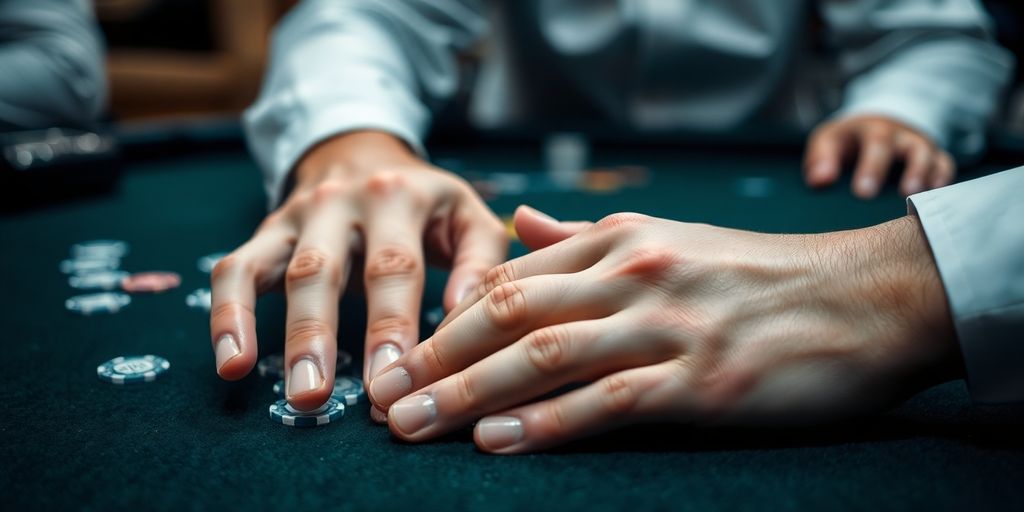 Focused gambler making a deliberate move with chips.