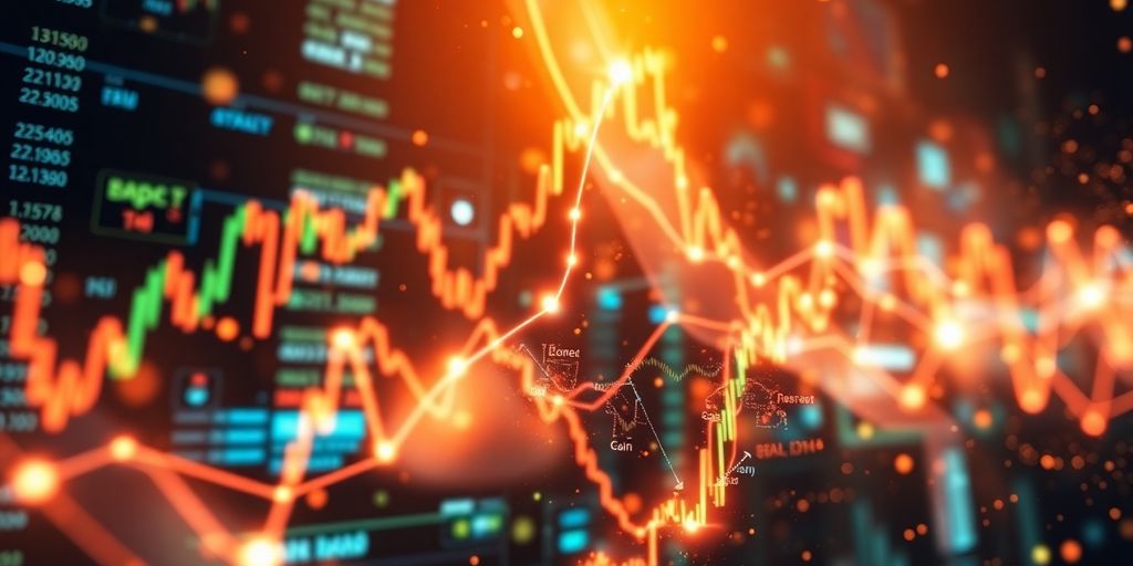 Financial market flow with glowing money trails.