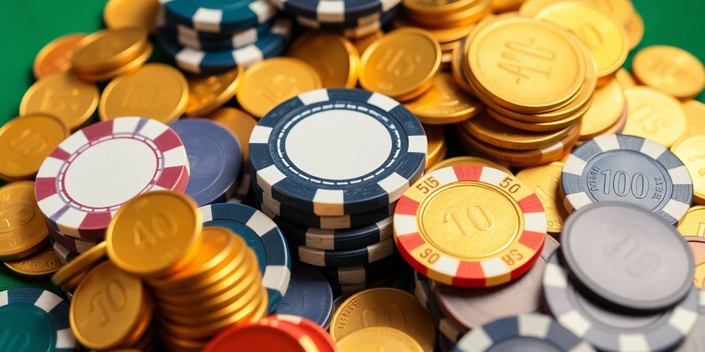 Coins and chips arranged in betting patterns.